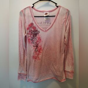 Harley Davidson Pink Graphic V-Neck Women's Top